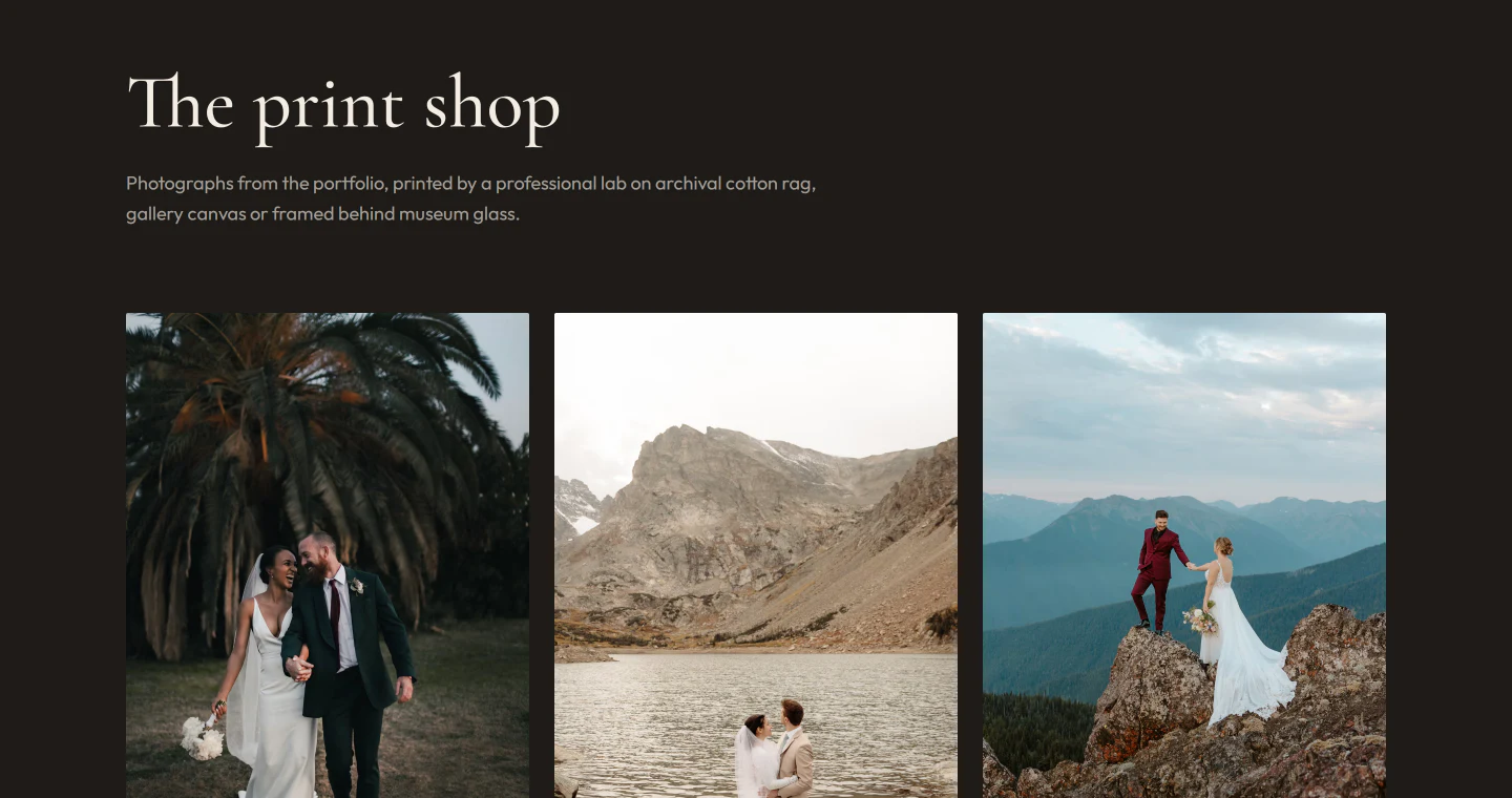 The print shop on the Ledgewater Studio demo site, with wedding and elopement photographs for sale as prints.